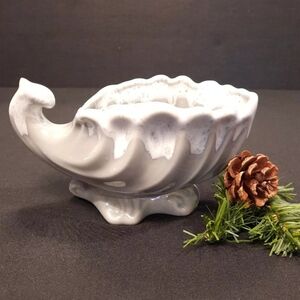 Vintage USA Pottery Cornucopia Planter ~ Light Gray with White Drip Glaze